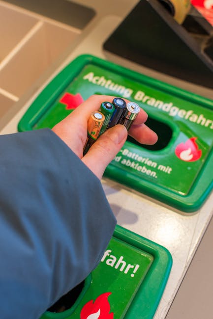 A person's hand, wearing a blue sleeve, is placing used AA batteries into a bright green battery recycling container located on a countertop. The container has a prominent red and white recycling symbol and German text indicating it is for battery disposal. In the background, there is another similar green bin with additional instructions, also designed for responsible waste segregation. The environment appears to be an indoor setting, possibly a kitchen or utility area, with a clean and organized surface. The lighting is natural, highlighting the metallic and plastic textures of the batteries and the glossy surface of the recycling bin. This scene exemplifies proper handling of household hazardous waste, such as batteries, in an environmentally responsible manner, which aligns with waste disposal guidance offered by Waste Disposal Harrow for private waste management and alternative collection options for hazardous materials.