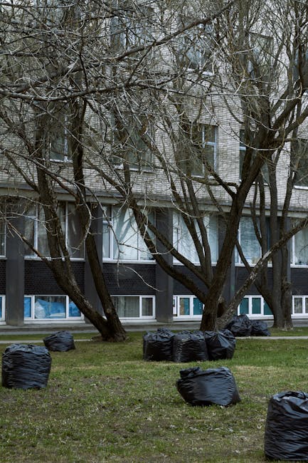 A group of black plastic rubbish bags are scattered on a grassy area in front of a multi-storey residential building with white brick walls and large windows. The scene is outdoors, with several bare trees with twisting branches partially obscuring the building's façade. The rubbish bags, which appear to be filled and tied, are positioned in various locations across the lawn, some leaning or standing upright, suggesting recent collection or disposal activity. The environment appears quiet and typical of urban or suburban settings where private waste collection might be arranged independently of local authority services. The overall lighting indicates an overcast day, with diffuse natural light illuminating the scene evenly. This setting exemplifies a typical context for on-site waste removal or private rubbish collection services in Harrow, with Waste Disposal Harrow possibly involved in managing such waste disposal activities. The scene emphasizes the importance of proper rubbish handling and disposal, especially in areas where residents use external bags for rubbish storage before collection.